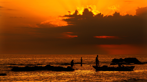 People standing in shallow waters at sunset
